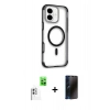MARSİLYAN™- iPhone 16 Kılıf Eksen Klasik Koleksiyonu - Siyah 3D Antistatik Hayalet Cam Ekran Koruyucu + Raze Metal Kamera Lens - BZ