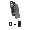 MARSİLYAN™- iPhone 16 Kılıf İz Işık Koleksiyonu - Siyah 3D Antistatik Hayalet Cam Ekran Koruyucu + PVD Metal Kamera Lens - PE