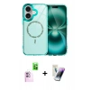 MARSİLYAN™- iPhone 16 Kılıf Kıvılcım Form Prime - Şeffaf Pasifik Cam Ekran Koruyucu + Pembe Raze Metal Kamera Lens
