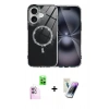 MARSİLYAN™- iPhone 16 Kılıf Kıvılcım Form Prime - Şeffaf Pasifik Cam Ekran Koruyucu + Pembe Raze Metal Kamera Lens