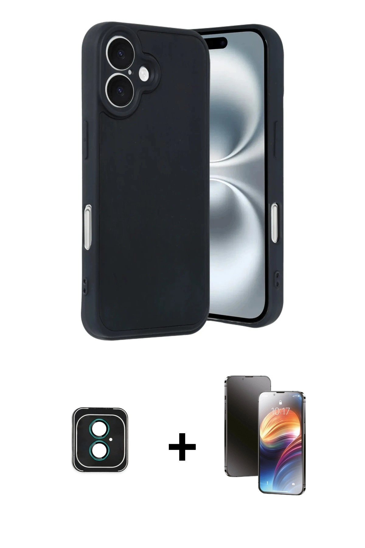 MARSİLYAN™- iPhone 16 Kılıf Kıvılcım Işık Serisi - Siyah 3D Antistatik Mat Seramik Nano Ekran Koruyucu + PVD Metal Kamera Lens - YL