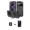 MARSİLYAN™- iPhone 16 Kılıf Kıvılcım Modern Serisi - Siyah 3D Antistatik Hayalet Cam Ekran Koruyucu + PVD Metal Kamera Lens - YL