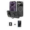 MARSİLYAN™- iPhone 16 Kılıf Kıvılcım Modern Serisi - Siyah 3D Antistatik Hayalet Cam Ekran Koruyucu + PVD Metal Kamera Lens - MI