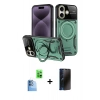 MARSİLYAN™- iPhone 16 Kılıf Kıvılcım Modern Serisi - Siyah 3D Antistatik Hayalet Cam Ekran Koruyucu + Raze Metal Kamera Lens - LT