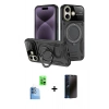 MARSİLYAN™- iPhone 16 Kılıf Kıvılcım Modern Serisi - Siyah 3D Antistatik Hayalet Cam Ekran Koruyucu + Raze Metal Kamera Lens - LT