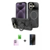 MARSİLYAN™- iPhone 16 Kılıf Kıvılcım Modern Serisi - Siyah 3D Antistatik Hayalet Cam Ekran Koruyucu + Raze Metal Kamera Lens - PE