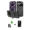 MARSİLYAN™- iPhone 16 Kılıf Kıvılcım Modern Serisi - Siyah 3D Antistatik Hayalet Cam Ekran Koruyucu + Raze Metal Kamera Lens - SH