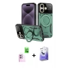 MARSİLYAN™- iPhone 16 Kılıf Kıvılcım Modern Serisi - Siyah Bilvis 5in1 5D Magic Hayalet Cam Ekran Koruyucu + Pembe Raze Metal Kamera Lens