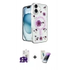 MARSİLYAN™- iPhone 16 Kılıf Kozmos Doku - Şeffaf Pasifik Cam Ekran Koruyucu + Pembe Bilvis Titan Kamera Lens