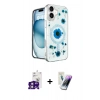 MARSİLYAN™- iPhone 16 Kılıf Kozmos Doku - Şeffaf Pasifik Cam Ekran Koruyucu + Pembe Bilvis Titan Kamera Lens
