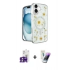 MARSİLYAN™- iPhone 16 Kılıf Kozmos Doku - Şeffaf Pasifik Cam Ekran Koruyucu + Pembe Bilvis Titan Kamera Lens