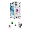 MARSİLYAN™- iPhone 16 Kılıf Kozmos Doku - Şeffaf Pasifik Cam Ekran Koruyucu + Raze Metal Kamera Lens - PE