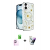 MARSİLYAN™- iPhone 16 Kılıf Kozmos Doku - Şeffaf Pasifik Cam Ekran Koruyucu + Raze Metal Kamera Lens - PE