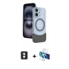 MARSİLYAN™- iPhone 16 Kılıf Kozmos Form Özel Seri - Siyah 3D Antistatik Seramik Nano Ekran Koruyucu + Mavi PVD Metal Kamera Lens