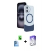 MARSİLYAN™- iPhone 16 Kılıf Kozmos Form Özel Seri - Siyah Bilvis 5in1 3D Magic Cam Ekran Koruyucu + Lacivert Raze Metal Kamera Lens