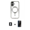 MARSİLYAN™- iPhone 16 Kılıf Nova Işık Özel Seri - Siyah 3D Antistatik Hayalet Cam Ekran Koruyucu + PVD Metal Kamera Lens - MI