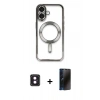 MARSİLYAN™- iPhone 16 Kılıf Nova Işık Özel Seri - Siyah 3D Antistatik Hayalet Cam Ekran Koruyucu + PVD Metal Kamera Lens - PE
