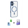 MARSİLYAN™- iPhone 16 Kılıf Nova Işık Özel Seri - Siyah Bilvis 5in1 5D Magic Hayalet Cam Ekran Koruyucu + Lacivert Raze Metal Kamera Lens