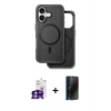 MARSİLYAN™- iPhone 16 Kılıf Pusula Işık Koleksiyonu - Siyah 3D Antistatik Hayalet Cam Ekran Koruyucu + Bilvis Titan Kamera Lens - GS