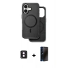 MARSİLYAN™- iPhone 16 Kılıf Pusula Işık Koleksiyonu - Siyah 3D Antistatik Hayalet Cam Ekran Koruyucu + PVD Metal Kamera Lens - PE