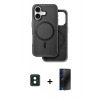 MARSİLYAN™- iPhone 16 Kılıf Pusula Işık Koleksiyonu - Siyah 3D Antistatik Hayalet Cam Ekran Koruyucu + PVD Metal Kamera Lens - YL