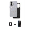 MARSİLYAN™- iPhone 16 Kılıf Pusula Işık Koleksiyonu - Siyah 3D Antistatik Hayalet Cam Ekran Koruyucu + PVD Metal Kamera Lens - PE