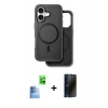 MARSİLYAN™- iPhone 16 Kılıf Pusula Işık Koleksiyonu - Siyah 3D Antistatik Hayalet Cam Ekran Koruyucu + Raze Metal Kamera Lens - LT