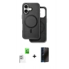 MARSİLYAN™- iPhone 16 Kılıf Pusula Işık Koleksiyonu - Siyah 3D Antistatik Hayalet Cam Ekran Koruyucu + Raze Metal Kamera Lens - BZ