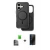 MARSİLYAN™- iPhone 16 Kılıf Pusula Işık Koleksiyonu - Siyah 3D Antistatik Hayalet Cam Ekran Koruyucu + Raze Metal Kamera Lens - SH