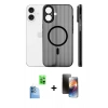 MARSİLYAN™- iPhone 16 Kılıf Pusula Minimal Koleksiyonu - Siyah 3D Antistatik Mat Seramik Nano Ekran Koruyucu + Lacivert Raze Metal Kamera Lens
