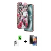 MARSİLYAN™- iPhone 16 Kılıf Siluet Doku - Siyah 3D Antistatik Mat Seramik Nano Ekran Koruyucu + Beyaz Raze Metal Kamera Lens