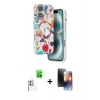 MARSİLYAN™- iPhone 16 Kılıf Siluet Doku - Siyah 3D Antistatik Mat Seramik Nano Ekran Koruyucu + Beyaz Raze Metal Kamera Lens