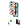 MARSİLYAN™- iPhone 16 Kılıf Siluet Doku - Siyah 3D Antistatik Mat Seramik Nano Ekran Koruyucu + Raze Metal Kamera Lens - PE