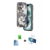 MARSİLYAN™- iPhone 16 Kılıf Siluet Doku - Siyah 3D Antistatik Seramik Nano Ekran Koruyucu + Raze Metal Kamera Lens - LT