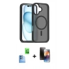 MARSİLYAN™- iPhone 16 Kılıf Siluet Minimal Prime - Siyah 3D Antistatik Mat Seramik Nano Ekran Koruyucu + Lacivert Raze Metal Kamera Lens