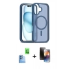 MARSİLYAN™- iPhone 16 Kılıf Siluet Minimal Prime - Siyah 3D Antistatik Mat Seramik Nano Ekran Koruyucu + Lacivert Raze Metal Kamera Lens