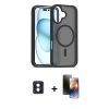 MARSİLYAN™- iPhone 16 Kılıf Siluet Minimal Prime - Siyah 3D Antistatik Mat Seramik Nano Ekran Koruyucu + Mavi PVD Metal Kamera Lens