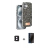 MARSİLYAN™- iPhone 16 Kılıf Vadi Klasik Serisi - Siyah 3D Antistatik Hayalet Cam Ekran Koruyucu + PVD Metal Kamera Lens - PE