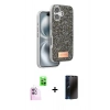 MARSİLYAN™- iPhone 16 Kılıf Vadi Klasik Serisi - Siyah 3D Antistatik Hayalet Cam Ekran Koruyucu + Raze Metal Kamera Lens - PE