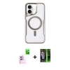 MARSİLYAN™- iPhone 16 Kılıf Yadigar Klasik Özel Seri - Şeffaf 360 Full Body Arka Koruyucu + Pembe Raze Metal Kamera Lens