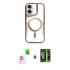 MARSİLYAN™- iPhone 16 Kılıf Yadigar Klasik Özel Seri - Şeffaf 360 Full Body Arka Koruyucu + Pembe Raze Metal Kamera Lens