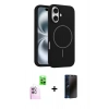 MARSİLYAN™- iPhone 16 Kılıf Yankı Form Serisi - Siyah 3D Antistatik Hayalet Cam Ekran Koruyucu + Raze Metal Kamera Lens - PE