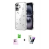 MARSİLYAN™- iPhone 16 Kılıf Yörünge Form - Şeffaf Pasifik Cam Ekran Koruyucu + Raze Metal Kamera Lens - PE