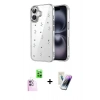 MARSİLYAN™- iPhone 16 Kılıf Yörünge Form - Şeffaf Pasifik Cam Ekran Koruyucu + Raze Metal Kamera Lens - PE
