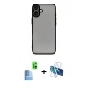 MARSİLYAN™- iPhone 16 Plus Kılıf Ahenk Çizgi Serisi - Siyah 3D Antistatik Seramik Nano Ekran Koruyucu + Lacivert Raze Metal Kamera Lens