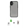 MARSİLYAN™- iPhone 16 Plus Kılıf Ahenk Çizgi Serisi - Siyah Bilvis 3D Cam Ekran Koruyucu + Beyaz Raze Metal Kamera Lens