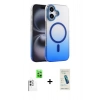 MARSİLYAN™- iPhone 16 Plus Kılıf Ahenk Doku Özel Seri - Şeffaf Pasifik Cam Ekran Koruyucu + Raze Metal Kamera Lens - BZ