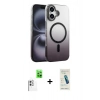 MARSİLYAN™- iPhone 16 Plus Kılıf Ahenk Doku Özel Seri - Şeffaf Pasifik Cam Ekran Koruyucu + Raze Metal Kamera Lens - BZ
