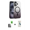 MARSİLYAN™- iPhone 16 Plus Kılıf Ahenk Doku Özel Seri - Şeffaf Pasifik Cam Ekran Koruyucu + Raze Metal Kamera Lens - SH