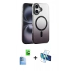 MARSİLYAN™- iPhone 16 Plus Kılıf Ahenk Doku Özel Seri - Siyah 3D Antistatik Cam Ekran Koruyucu + Raze Metal Kamera Lens - LT